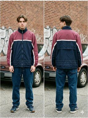 Vintage Reebok Windbreaker Jacket 90s Vector Logo Navy Burgundy Men's Small